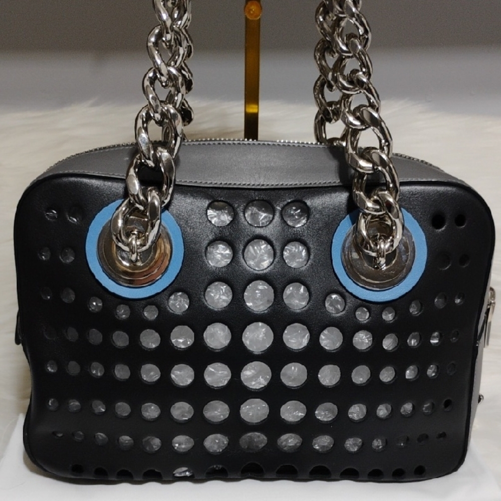 SALE! Prada City Fori Black Leather Perforated Chain Shoulder Bag W Pouch/DB - Picture 3 of 15